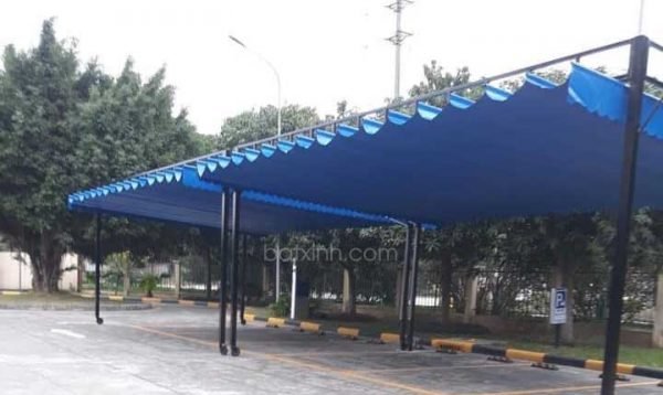 Mái hiên xếp kết hợp bạt che nắng Hòa Phát cho quán cafe ngoài trời