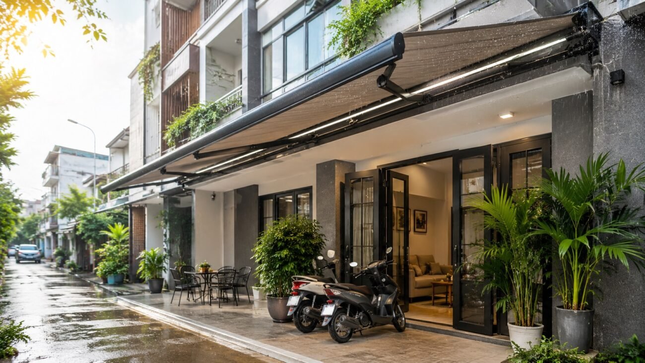 bạt che nắng mưa lắp đặt cho hiên nhà phố